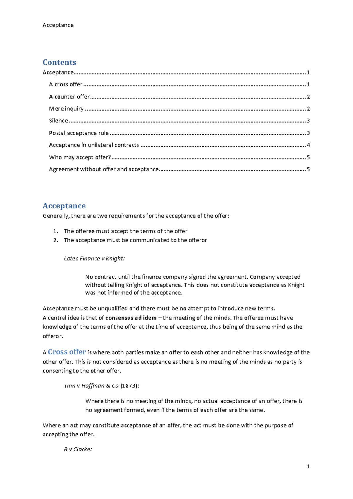 Contract Law (LAW101): Comprehensive Lecture Notes on Acceptance - Studocu