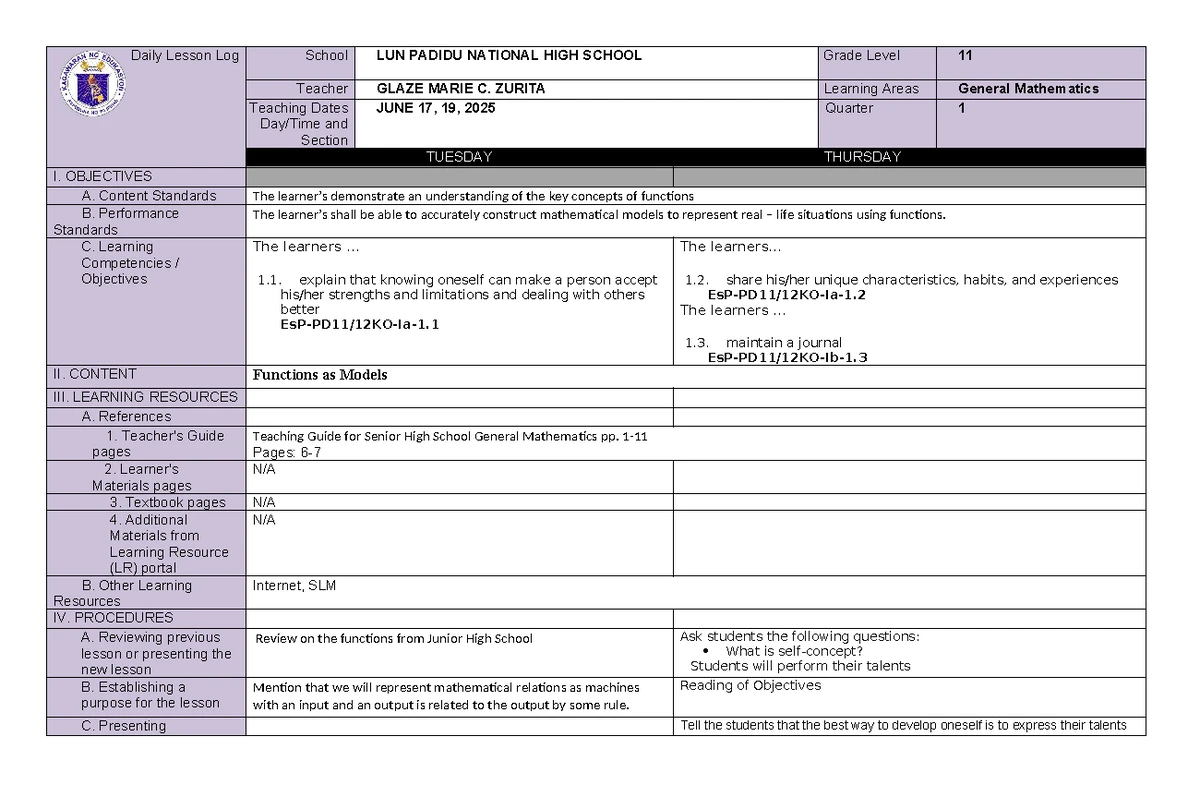 DLL Perdev G11 Q1 W2: Holistic Development Lesson Plan - Studocu