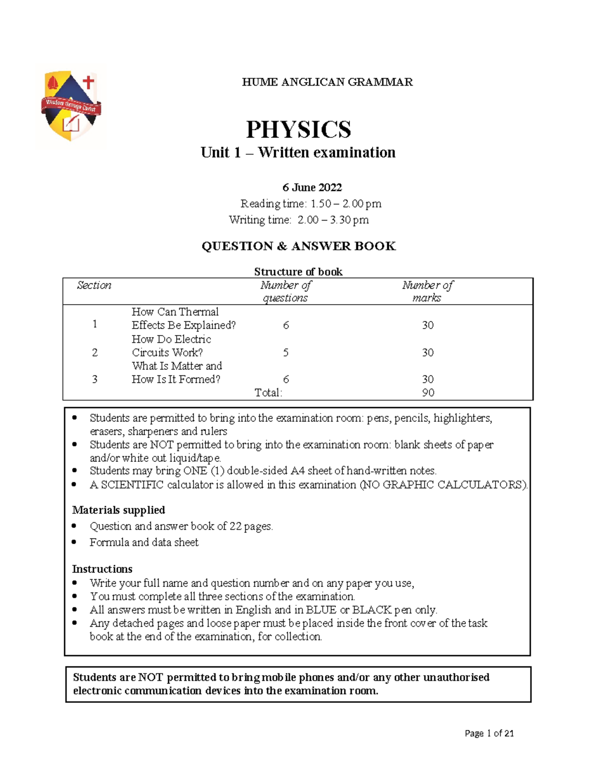 Physics 1 2022 Unit 1 Written Exam - Key Concepts and Questions - Studocu