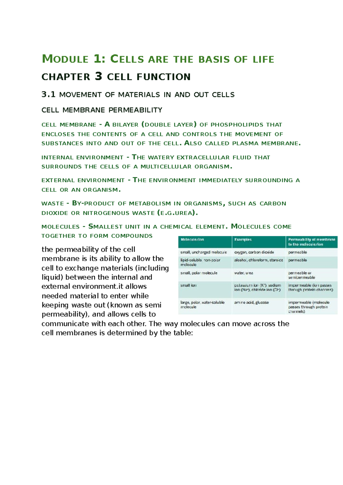Chapter 3 Study Notes: Cell Function & Membrane Transport (BIO101 ...