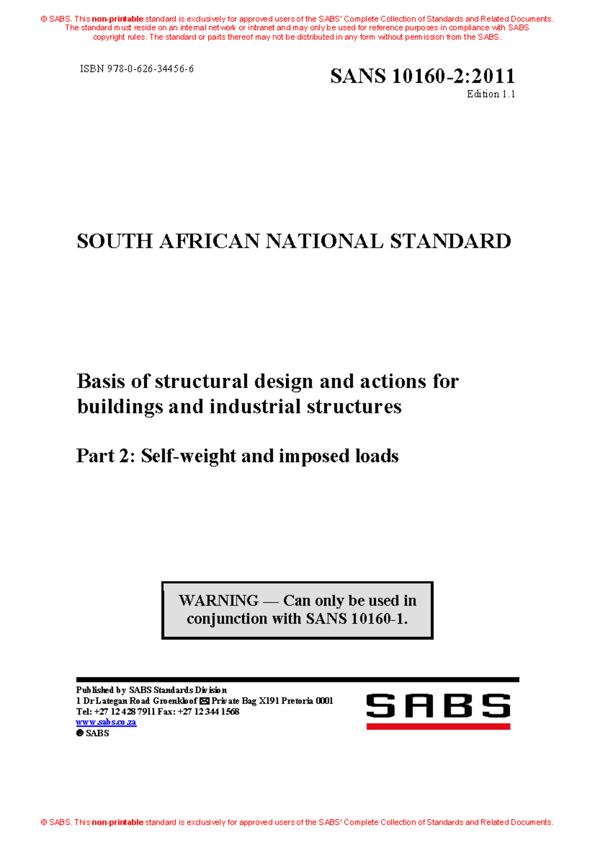 SANS 10160-2: Basis of Structural Design & Imposed Loads - Studocu