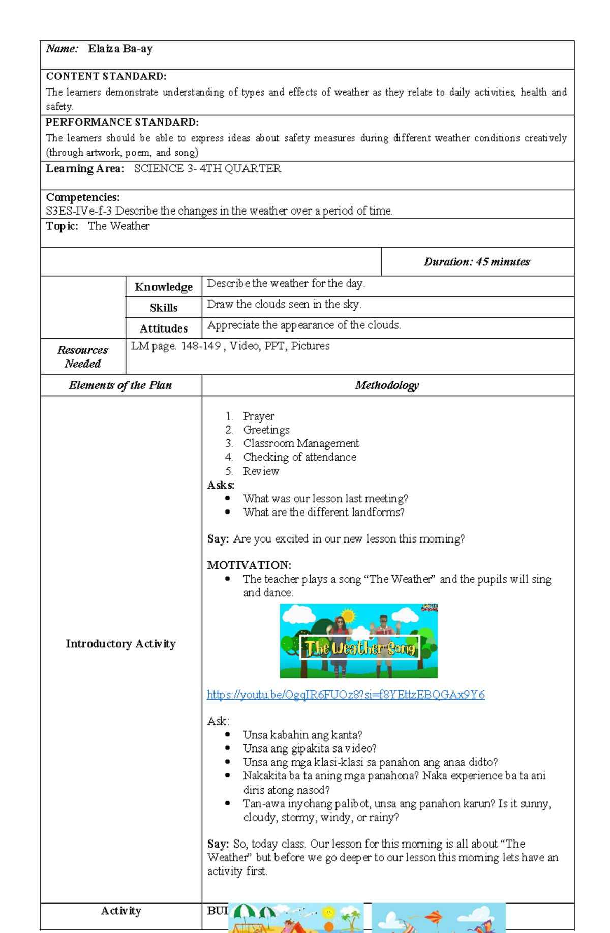 The Weather Lesson Plan - Name: Elaiza Ba-ay CONTENT STANDARD: The ...
