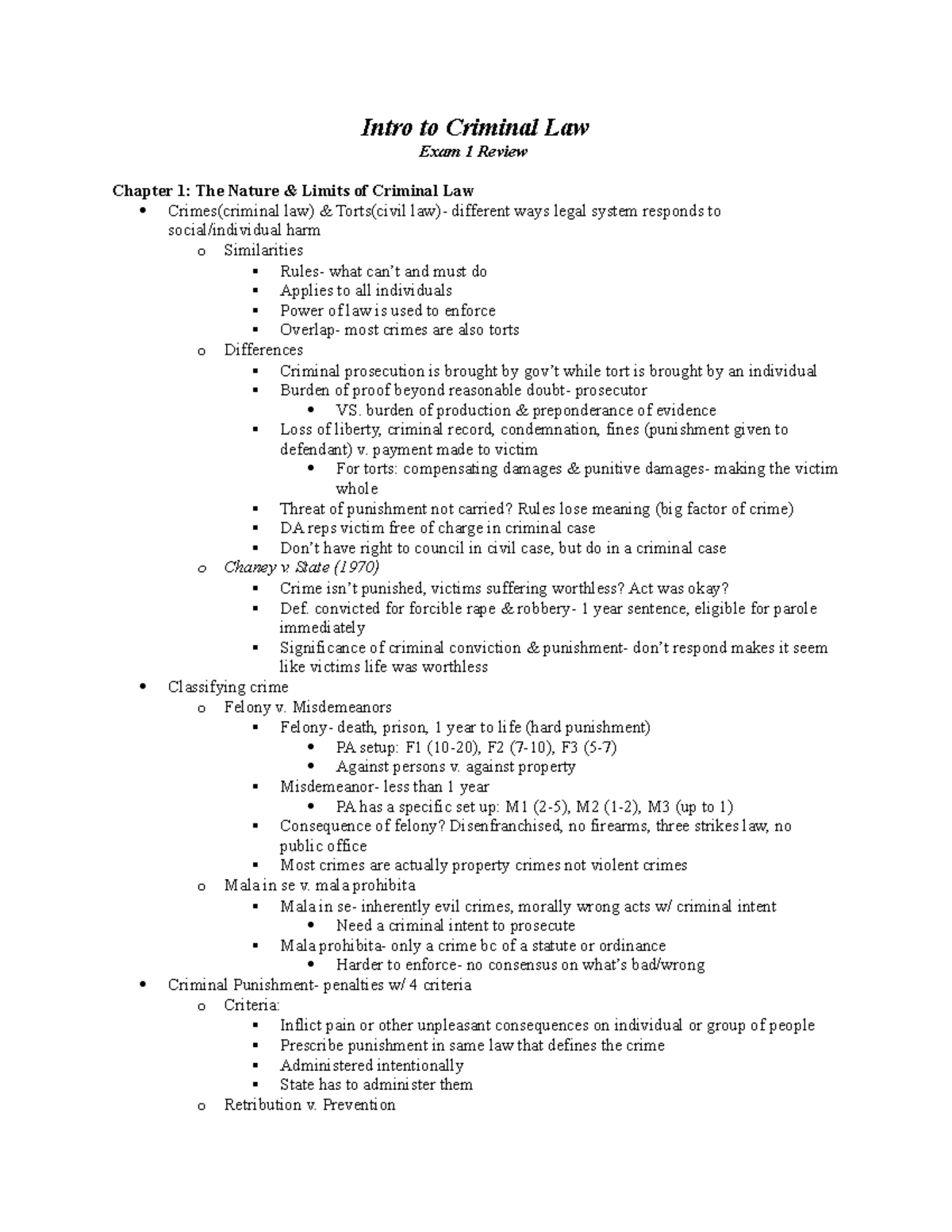 Exam 1 Review notes - Intro to Criminal Law Exam 1 Review Chapter 1 ...