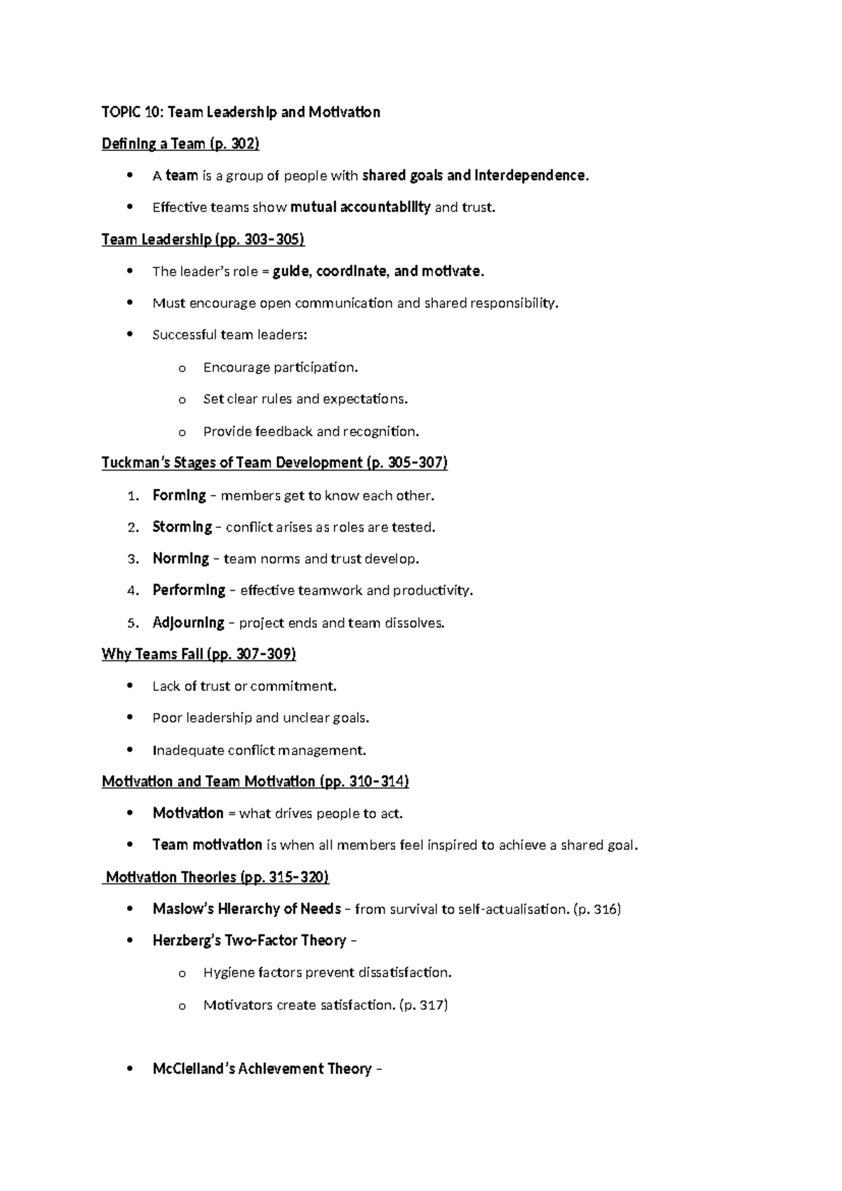 Team Leadership & Motivation: Topics 10, 11, 12 & 15 Overview - Studocu