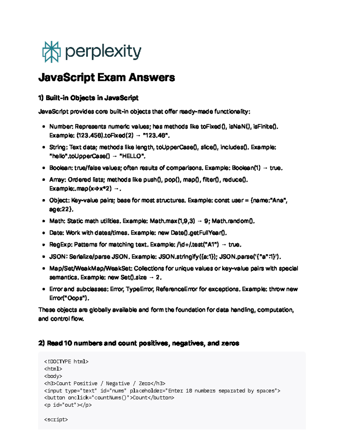 JavaScript Exam Answers: Core Concepts and Examples - Studocu