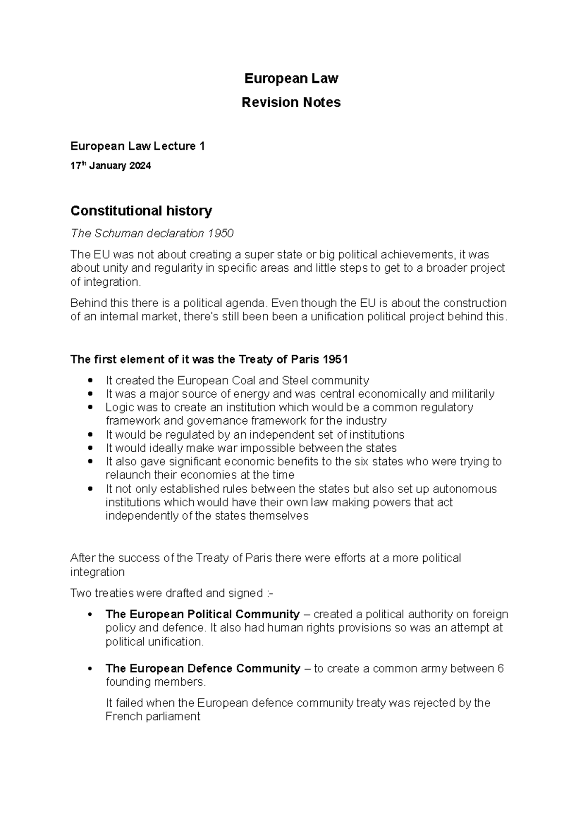 European Law Lecture 1 Revision notes - European Law Revision Notes ...