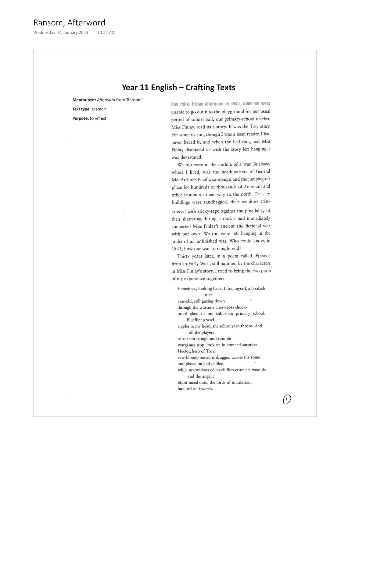 Ransom, Afterword - Mentor Text - Ransom, Afterword Wednesday, 31 ...
