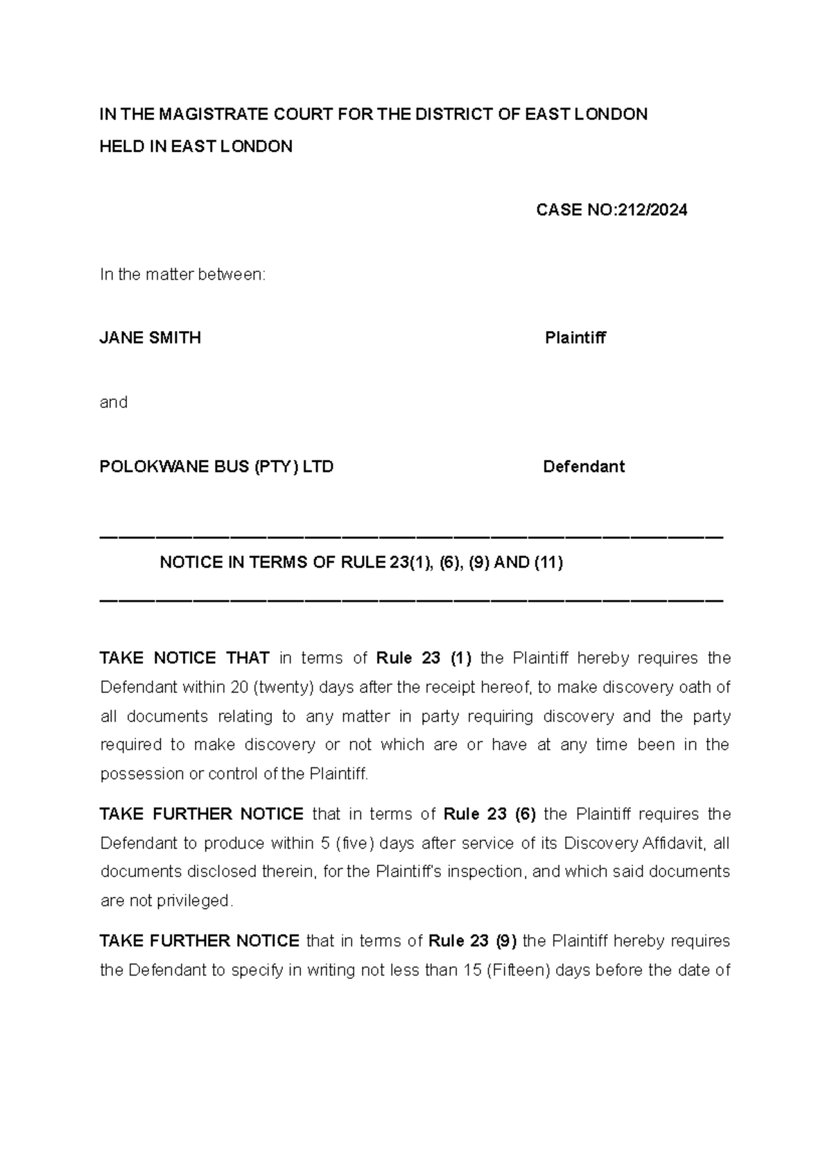 Notice Under Rule 23(1), (6), (9) & (11) - Case No: 212/ - Studocu