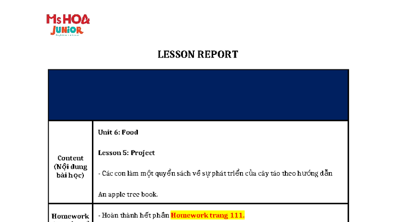 Lesson Report - U6 - L5 - Kiddie - Tiếng Anh thực hành - LESSON REPORT ...