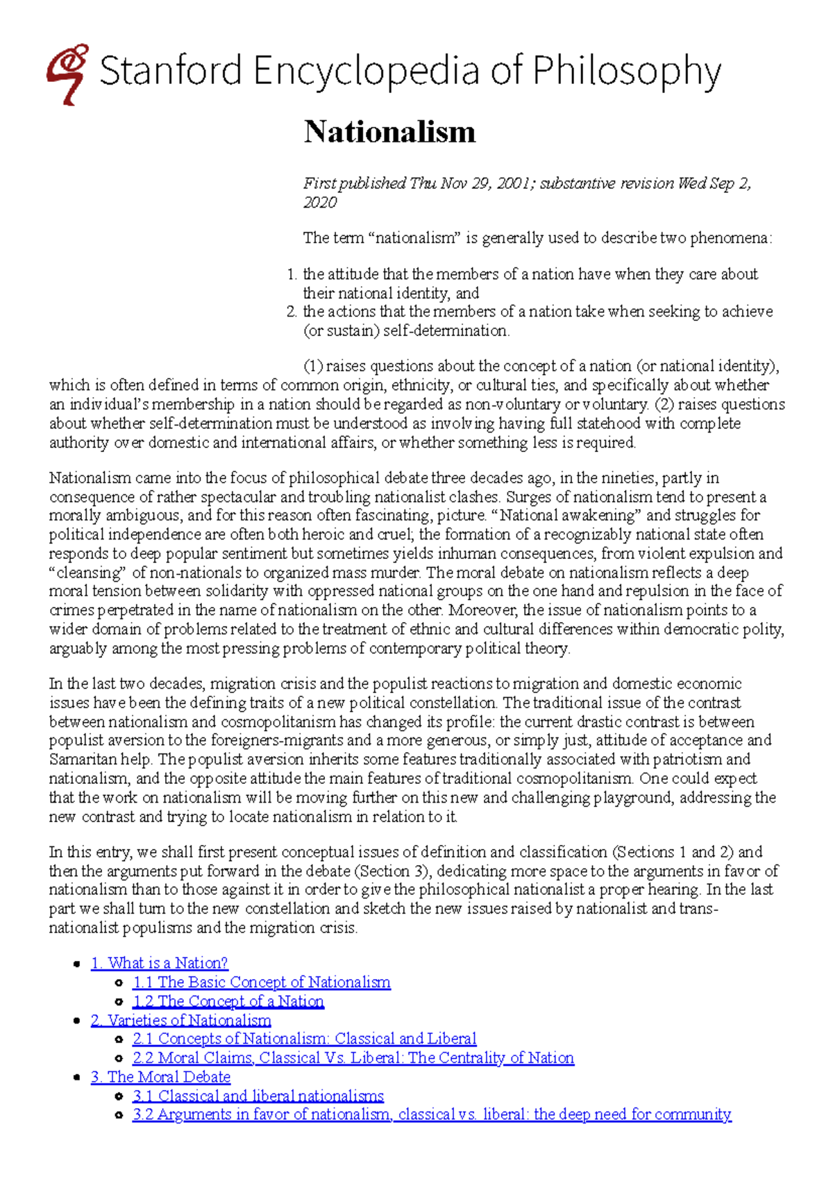 Nationalism: Key Concepts and Debates (Stanford Encyclopedia of ...