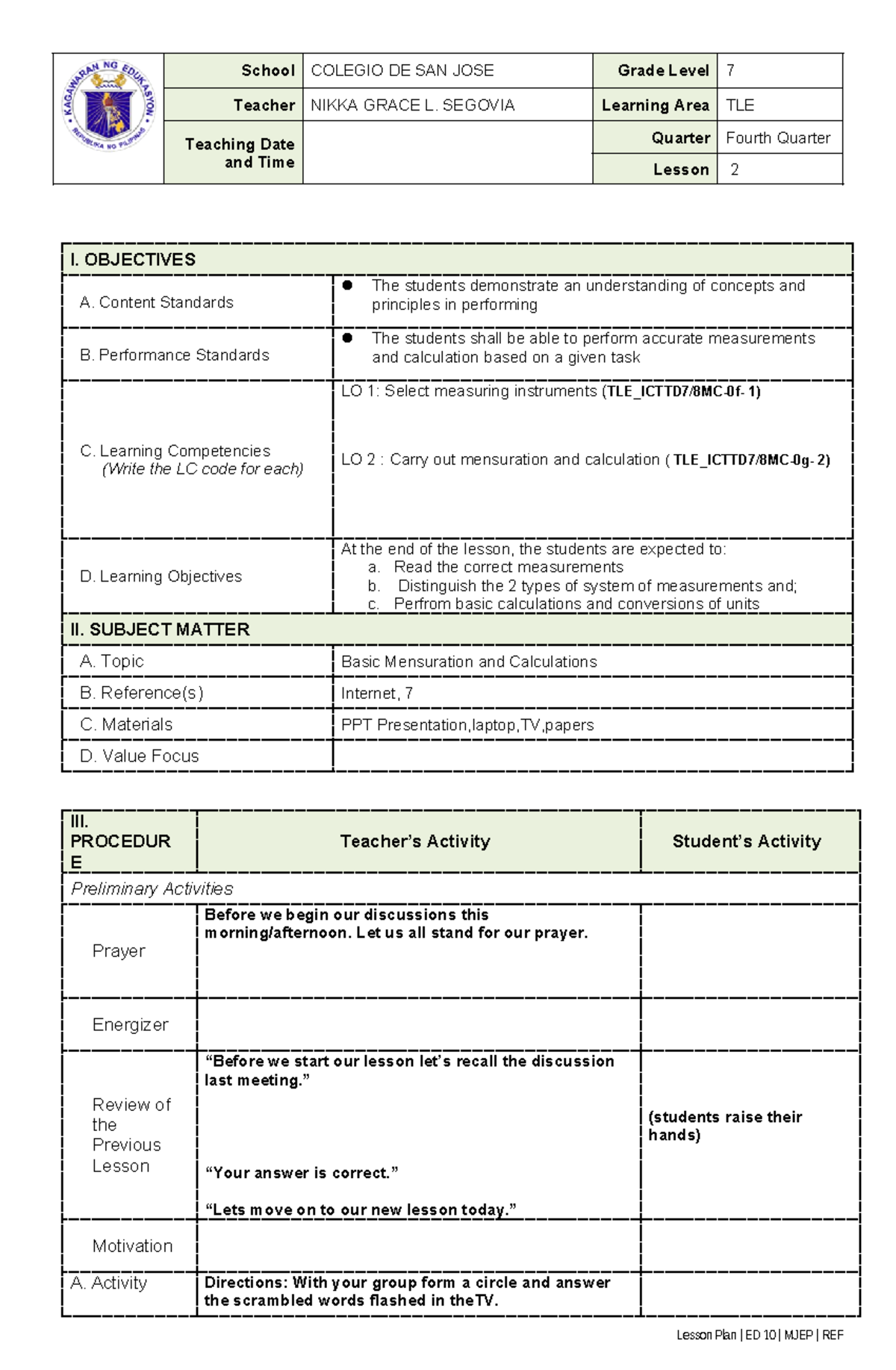 Grade 7 Lesson 2 PLAN - School COLEGIO DE SAN JOSE Grade Level 7 ...