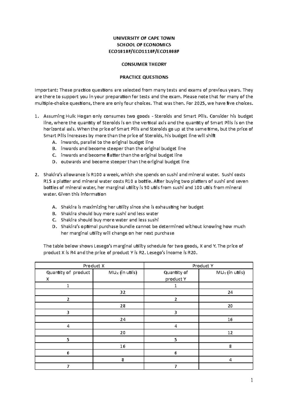 Consumer Theory Practice Questions - UCT ECON 5 - Studocu