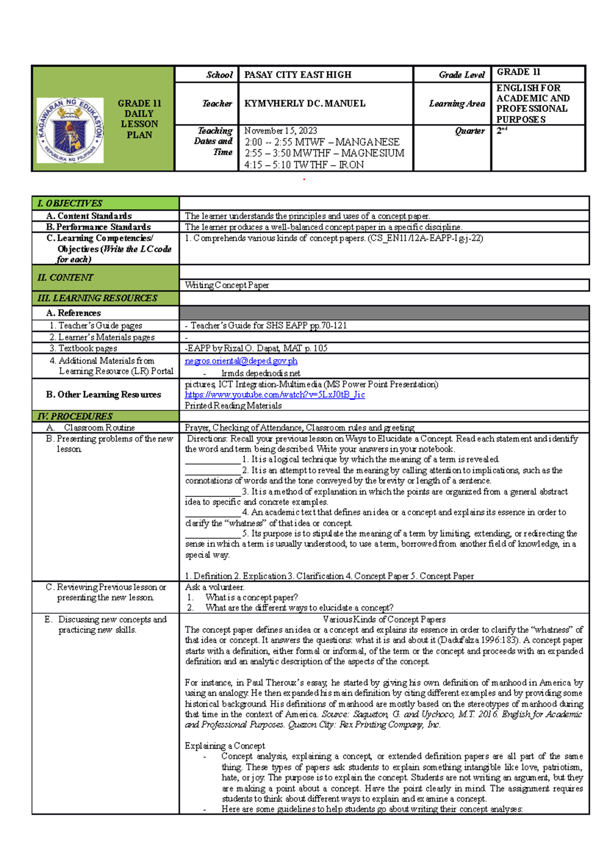 EAPP 11 - Daily Lesson Plan: Exploring Types of Concept Papers - Studocu