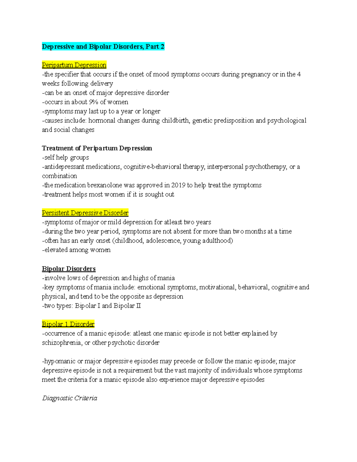 PSYC3230 Final Exam Notes: Depressive & Bipolar Disorders Overview ...