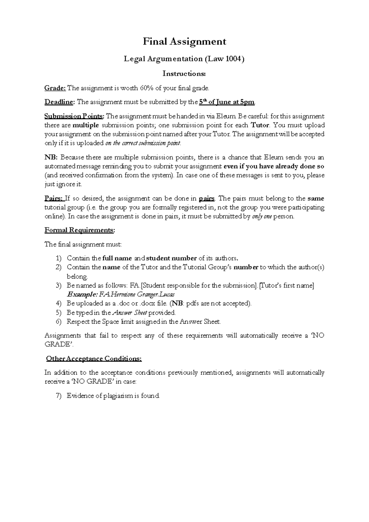 Final Assignment - Legal Argumentation Overview (Law 1004) - Studeersnel