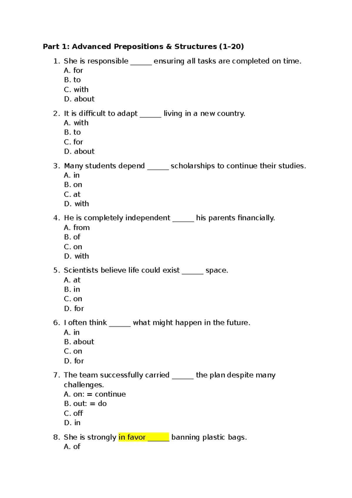 Advanced Prepositions Structures MCQ Practice - Part 1 - Studocu