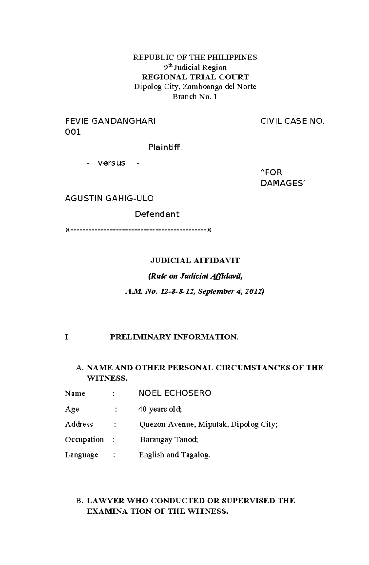 342296377 Judicial Affidavit civil case - REPUBLIC OF THE PHILIPPINES 9 ...