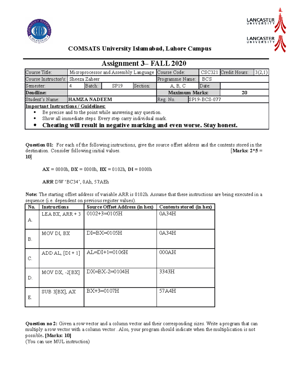 CSC321 - Assignment 3: Microprocessor & Assembly Language (Fall 2020 ...