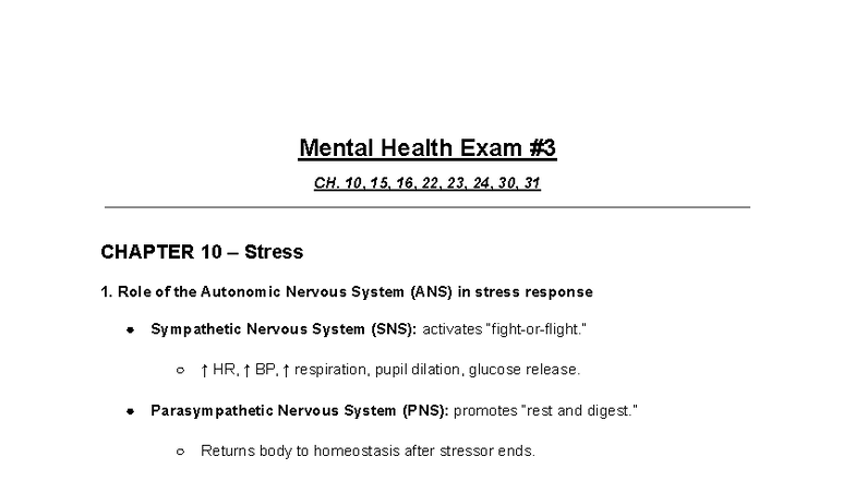 Mental Health Exam #3: ANS Role in Stress & Coping Mechanisms - Studocu