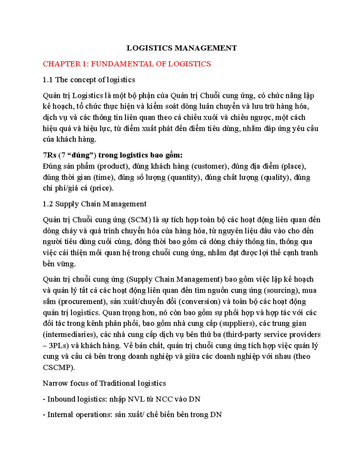 LOGISTICS MANAGEMENT CHAPTER 1: FUNDAMENTALS OF LOGISTICS - Studocu