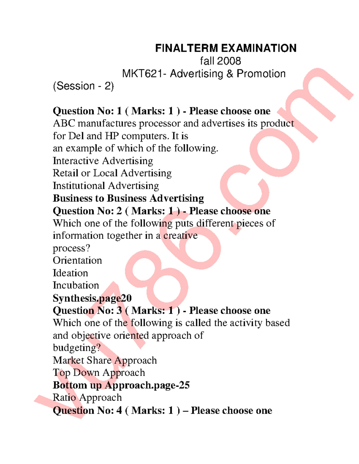 MKT621 Final Term Exam Fall 2008 - Advertising Promotion Past Paper ...