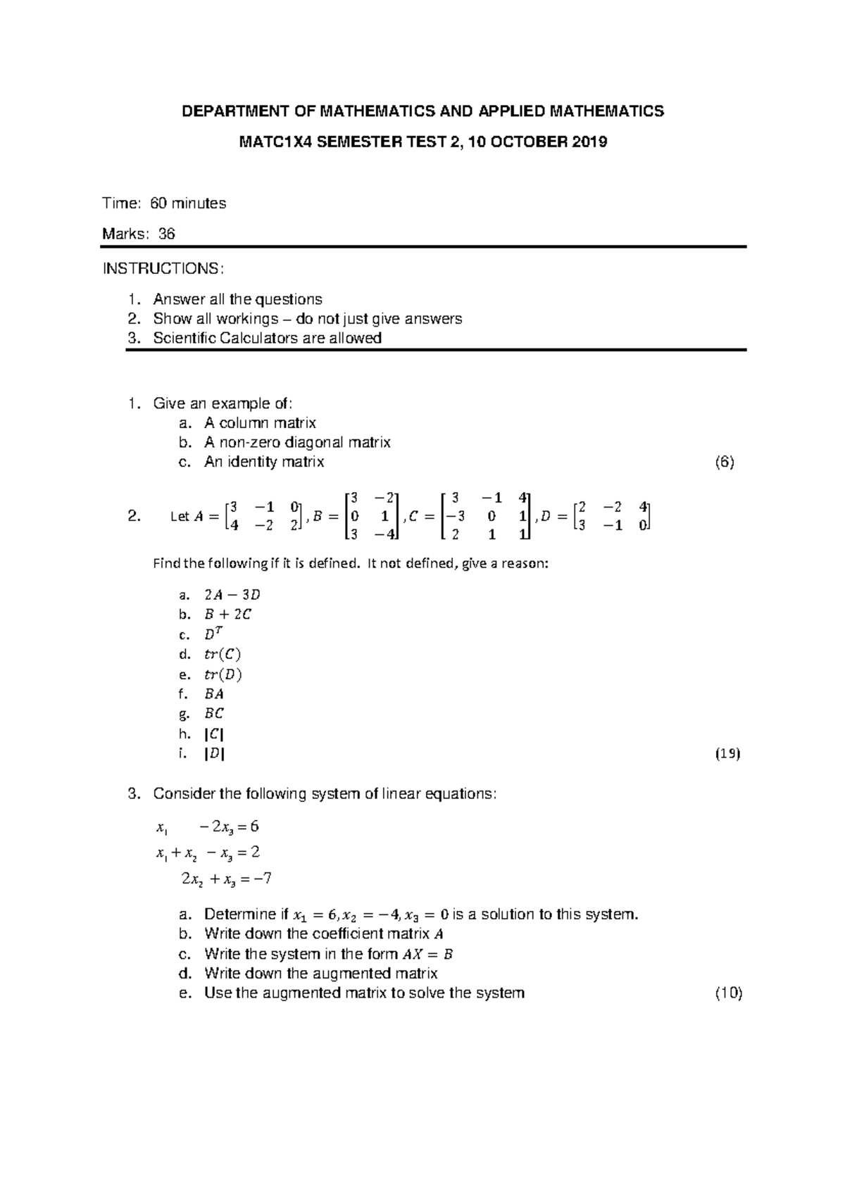 Test 2 of 2019 - TEST 2 - DEPARTMENT OF MATHEMATICS AND APPLIED ...