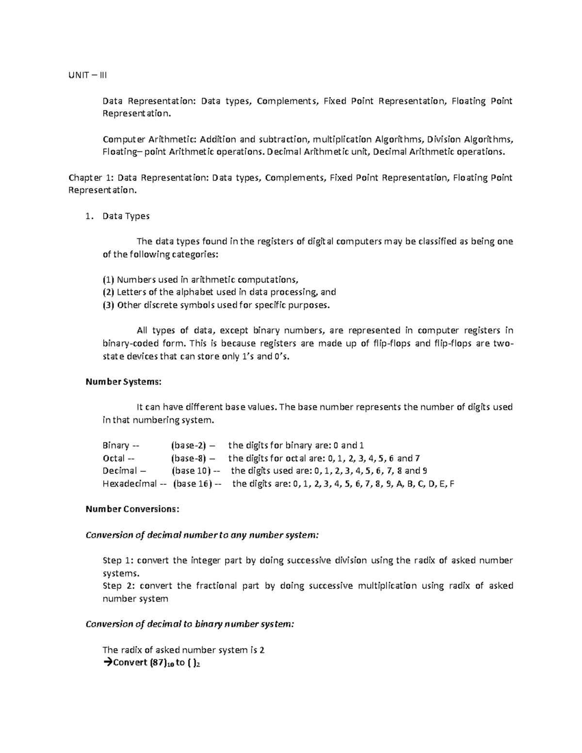 COA Notes for UNIT 3: Data Representation & Computer Arithmetic - Studocu