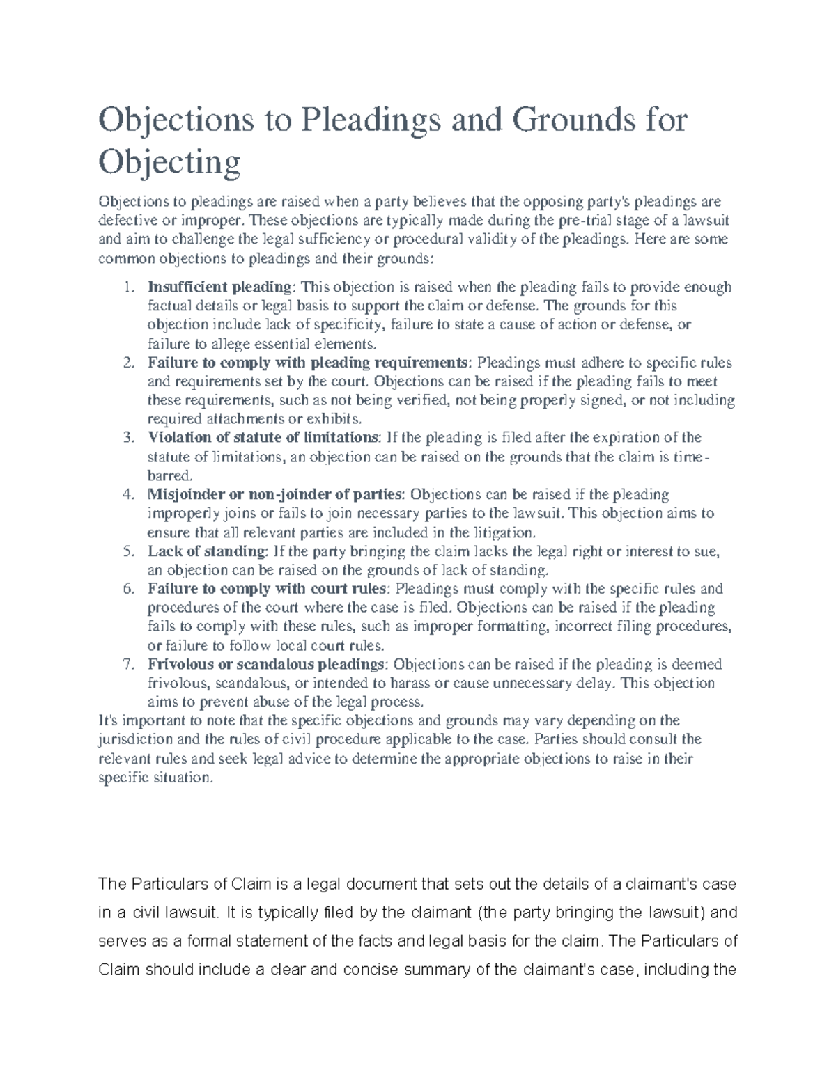 Legal Objections to Pleadings: Grounds & Examples for Civil Cases - Studocu