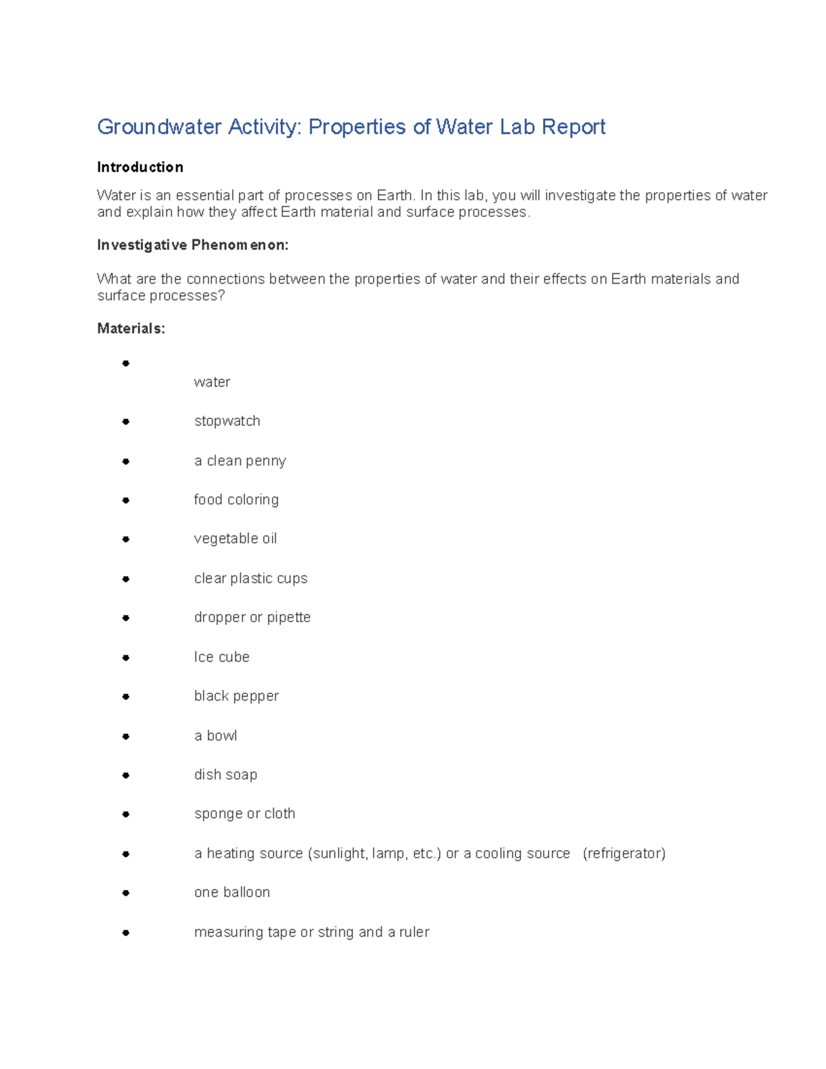 03.02 Laboratory Report: Investigating the Properties of Water - Studocu