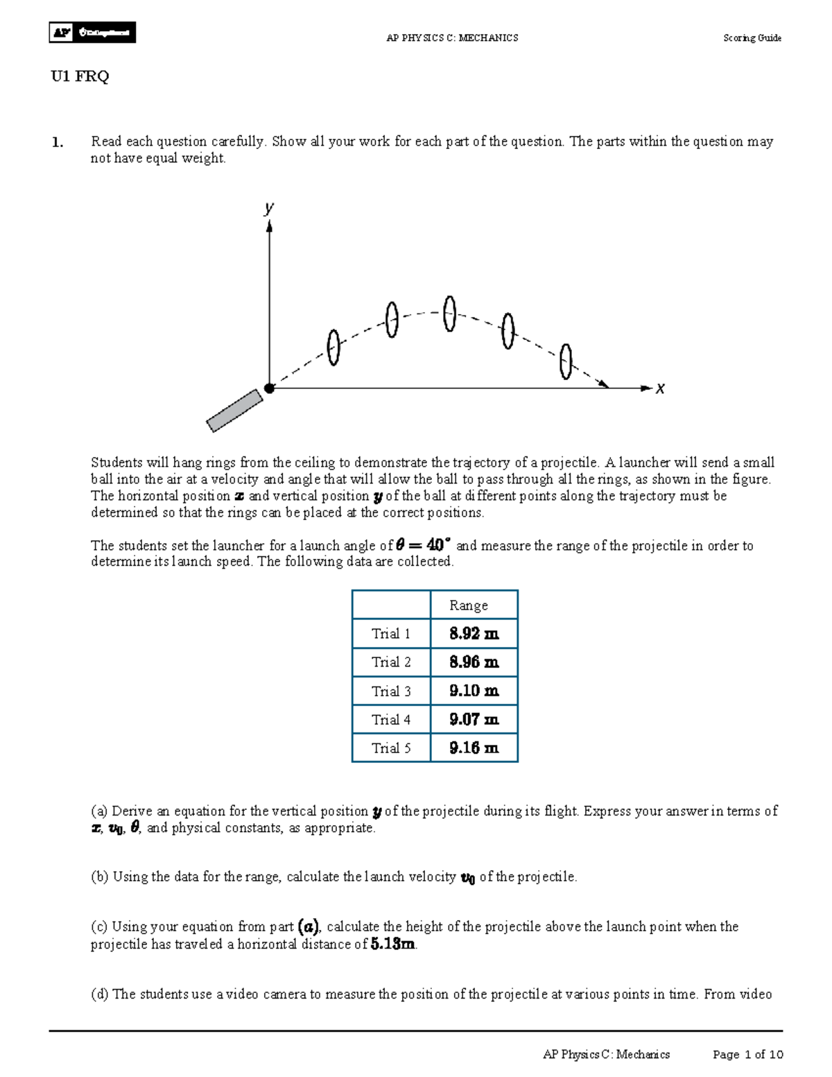 AP PHYSICS C: MECHANICS U1 FRQ Scoring Guide and Analysis - Studocu