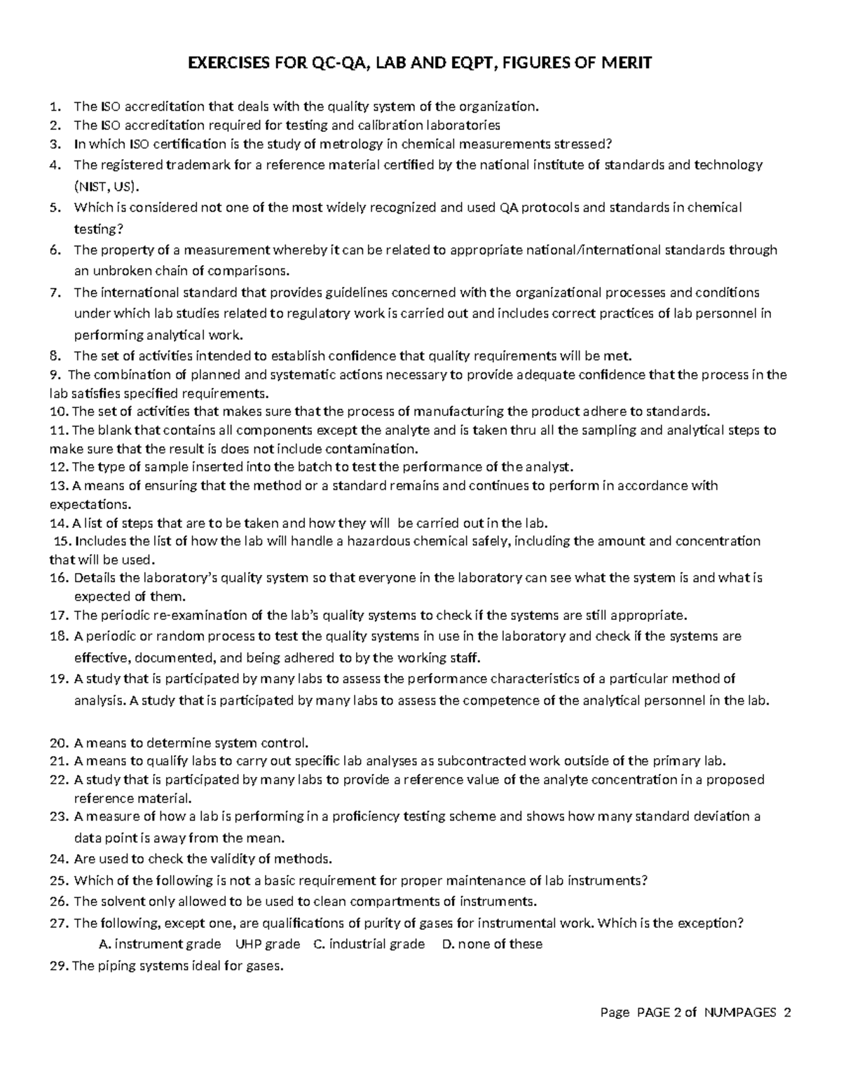 QC-QA Laboratory Equipment Merit Figures - EXERCISES FOR QC-QA, LAB AND ...