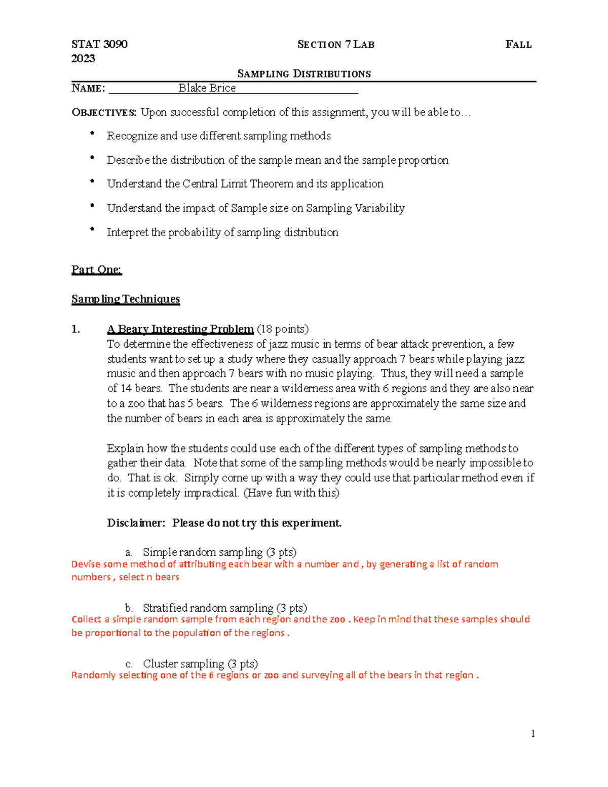 Sampling Distributions Lab Activity - Blake Brice Analysis - Studocu