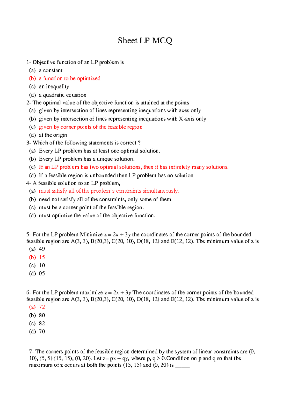 LP MCQ Review Sheet - Key Concepts and Questions - Studocu
