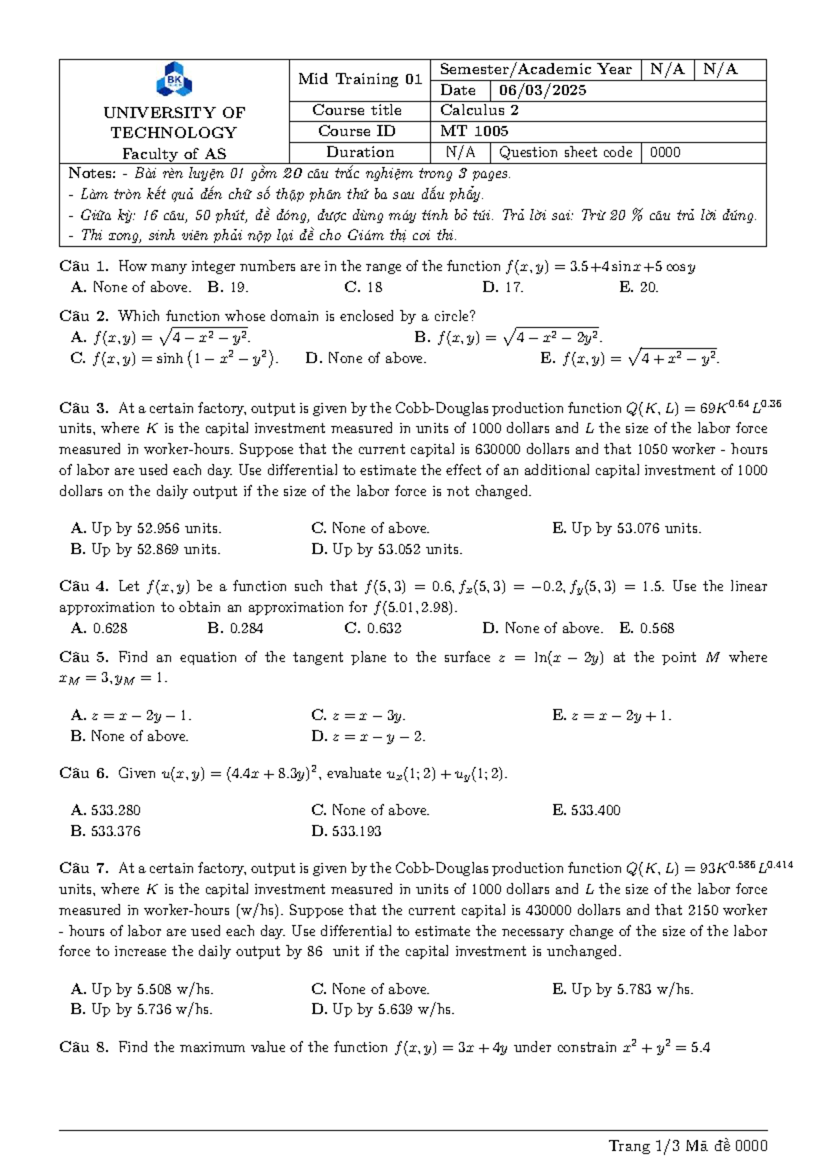 Calculus 2 20MQ Mid Review - Questions & Answers (MT 1005) - Studocu