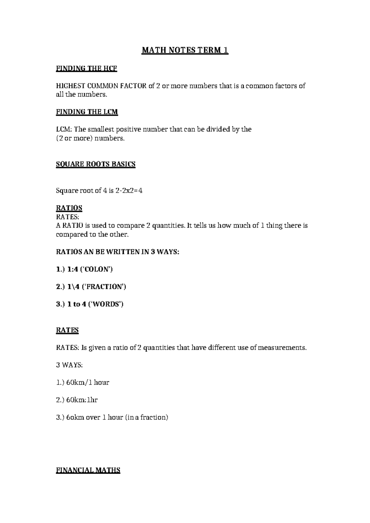 MATH Notes TERM 1 - MATH NOTES TERM 1 FINDING THE HCF HIGHEST COMMON ...