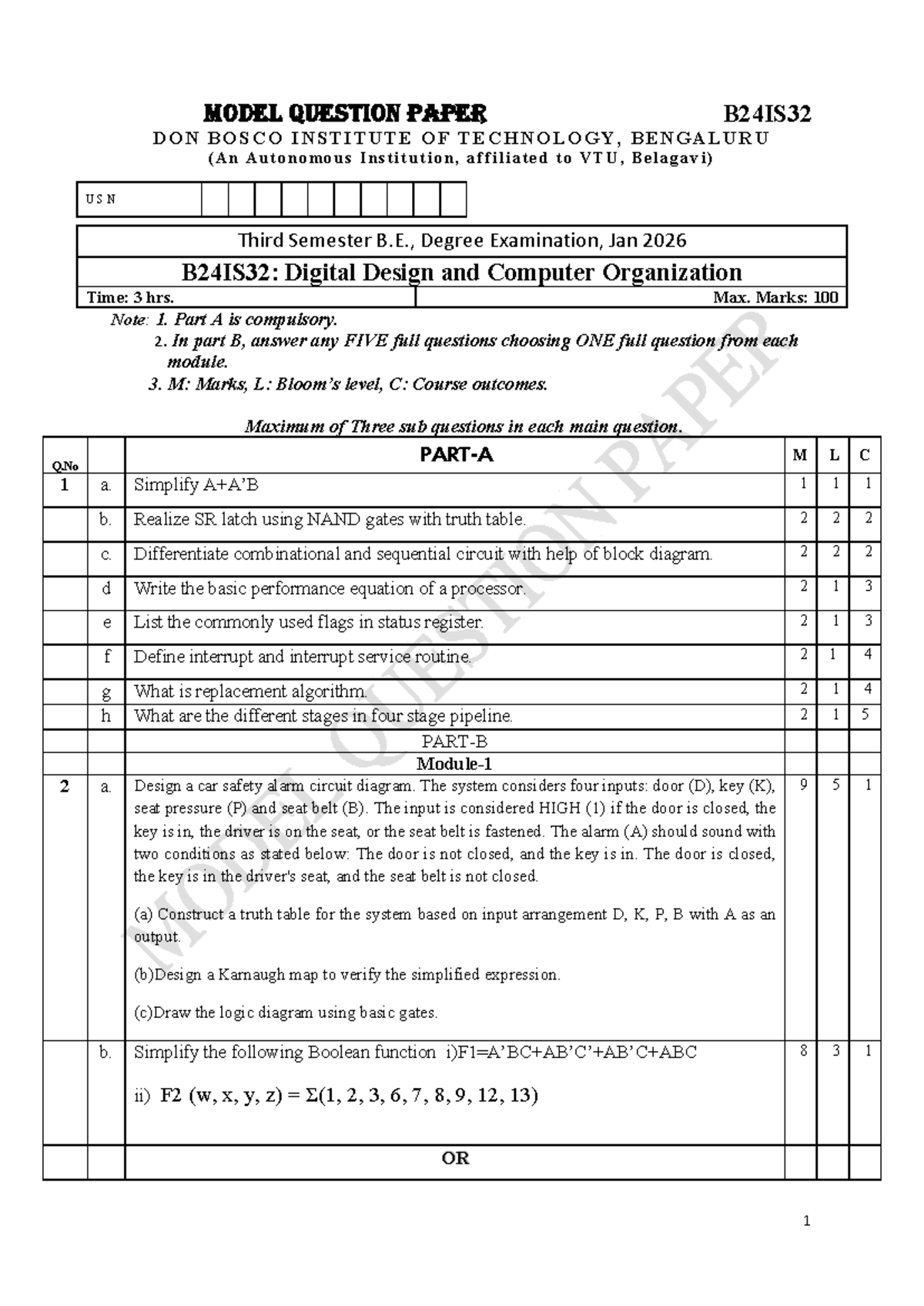 Model Question Paper B24IS32: Digital Design & Computer Org. Jan 2026 ...