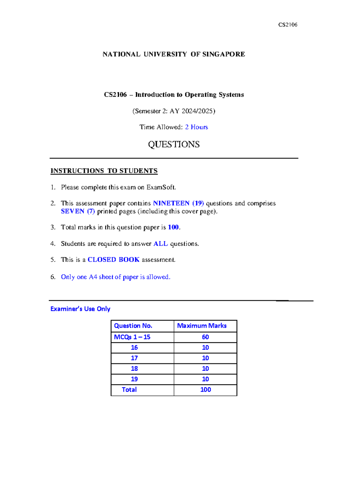 CS2106 Final Exam: Introduction to Operating Systems (Sem 2) - Studocu