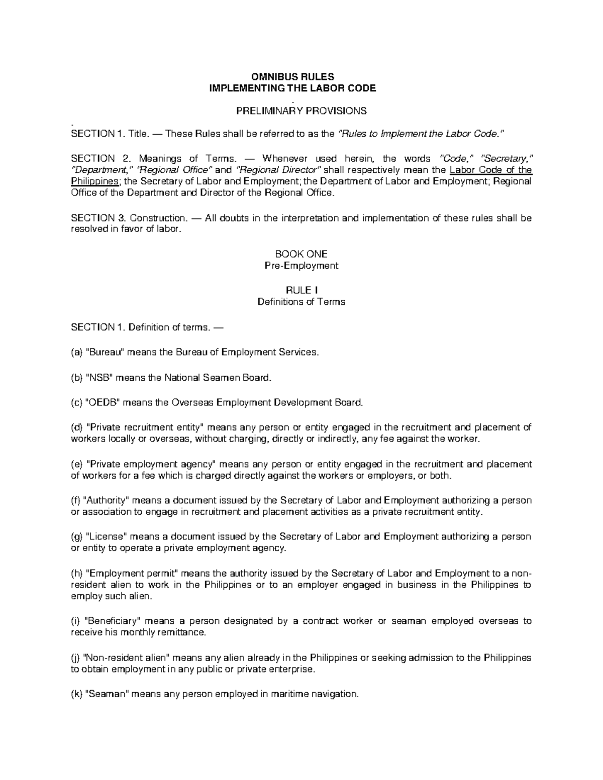 Omnibus Rules for Implementing the Labor Code - Key Provisions ...