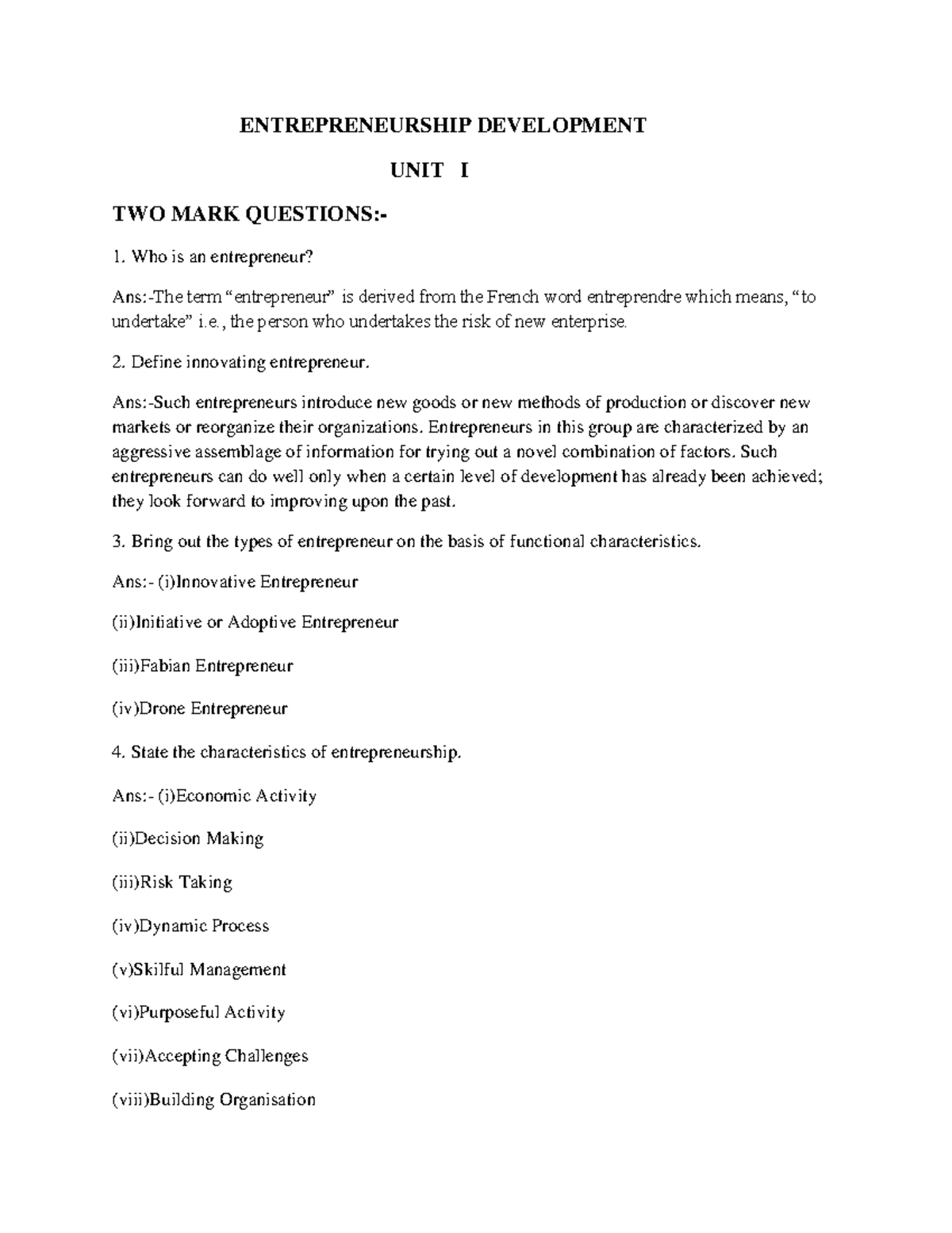 ED - Entrepreneurship Development Unit I & II Two Mark Questions and ...