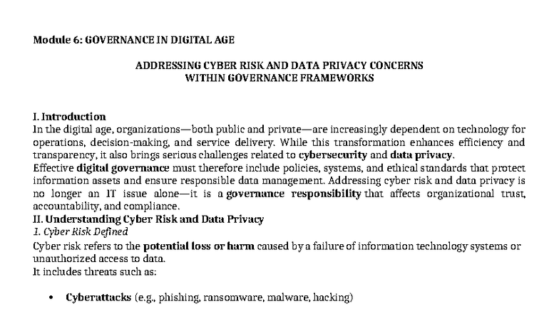 Module 6: Governance in Digital Age - Cyber Risk & Data Privacy - Studocu