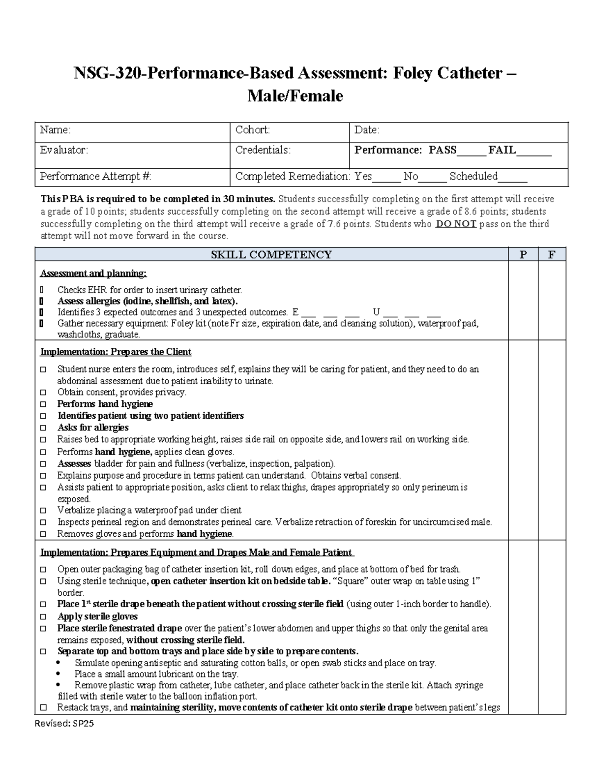 2025 NSG-320 Performance-Based Assessment: Foley Catheter Skills - Studocu