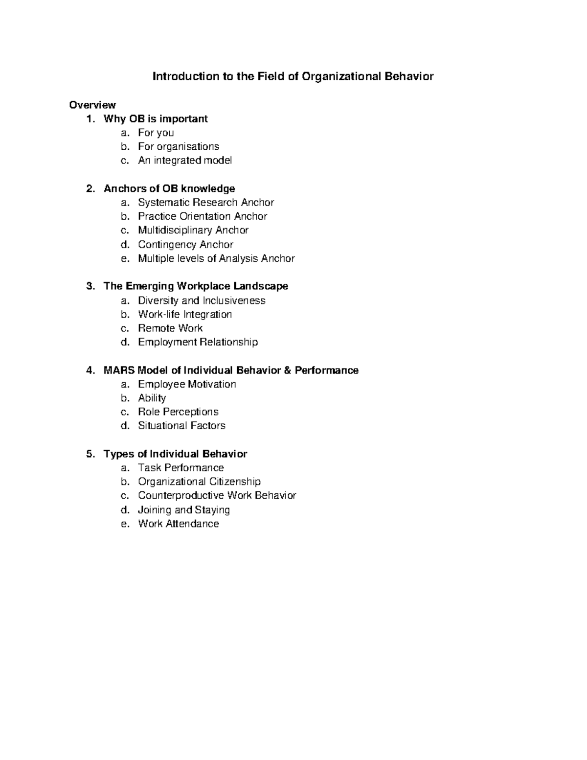 Organisational behaviour week 1 notes - Introduction to the Field of ...