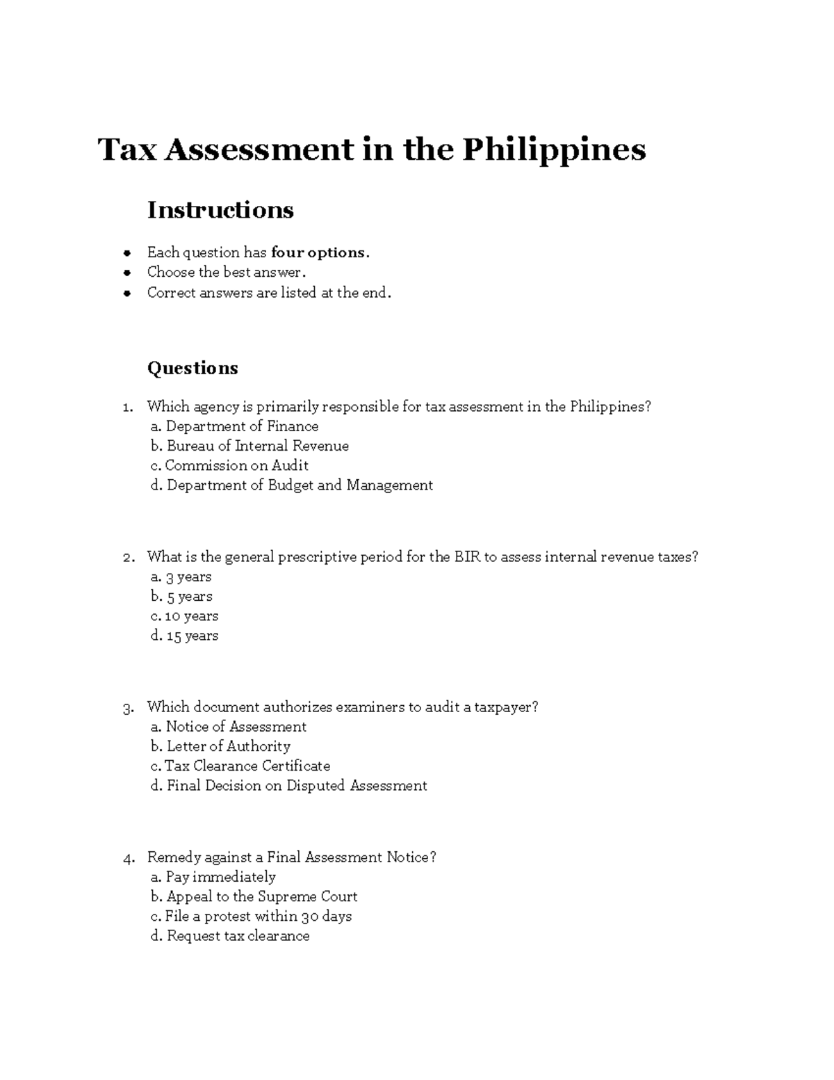TAX 101: Sample Quiz on Tax Assessment in the Philippines - Studocu