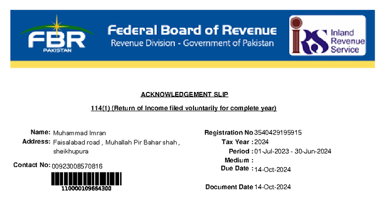 Return of Income 114(1) for Muhammad Imran - Tax Year 2024 - Studocu