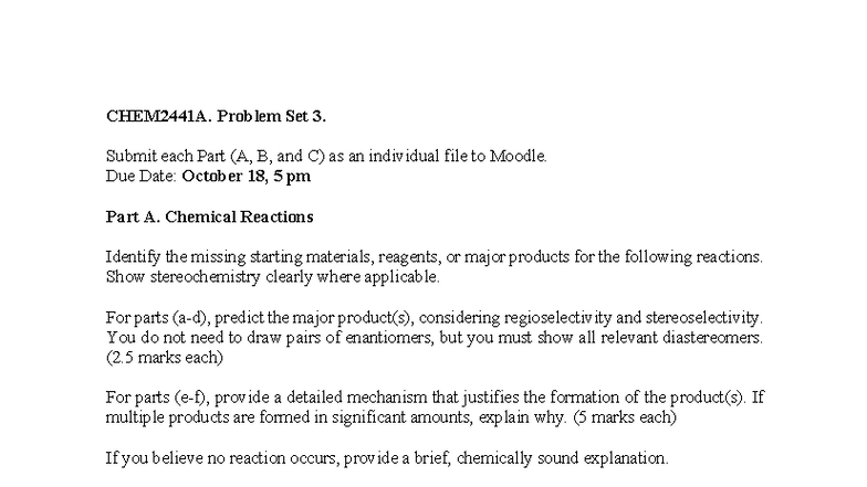 CHEM2441A Problem Set 3: Chemical Reactions & Kinetics Analysis - Studocu