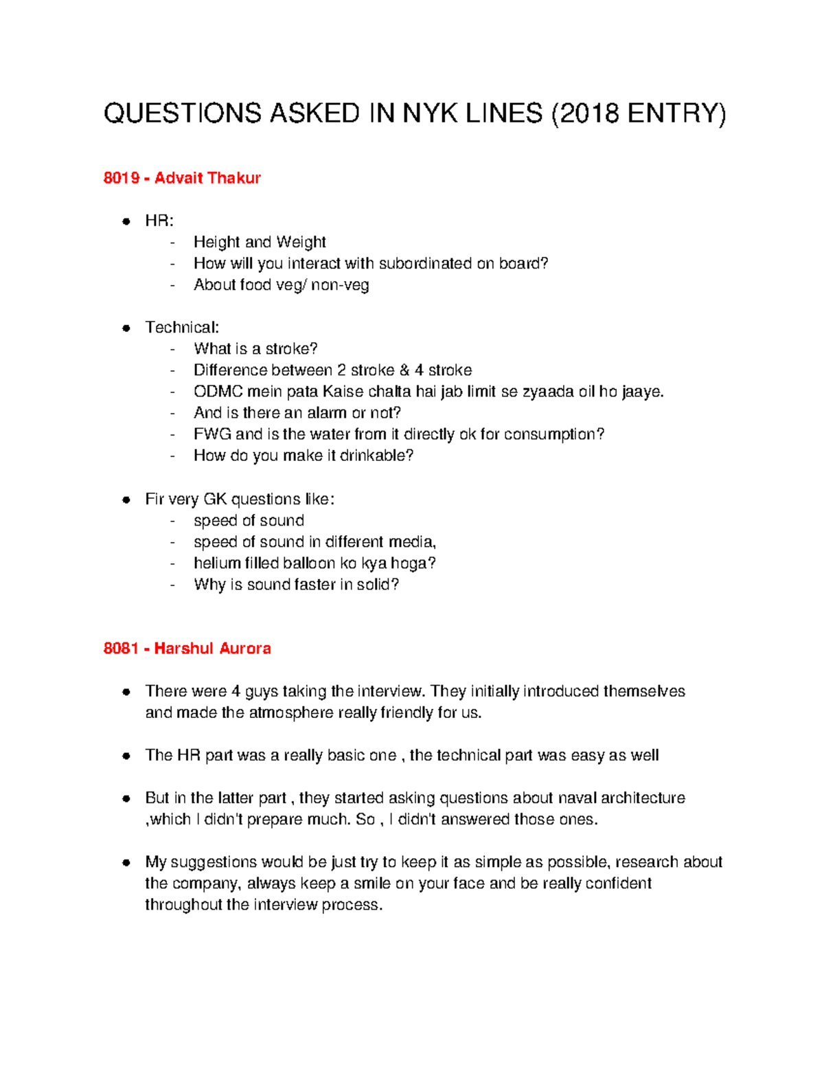 Interview PYQ 2018 - NYK Lines Preparation Guide - Studocu