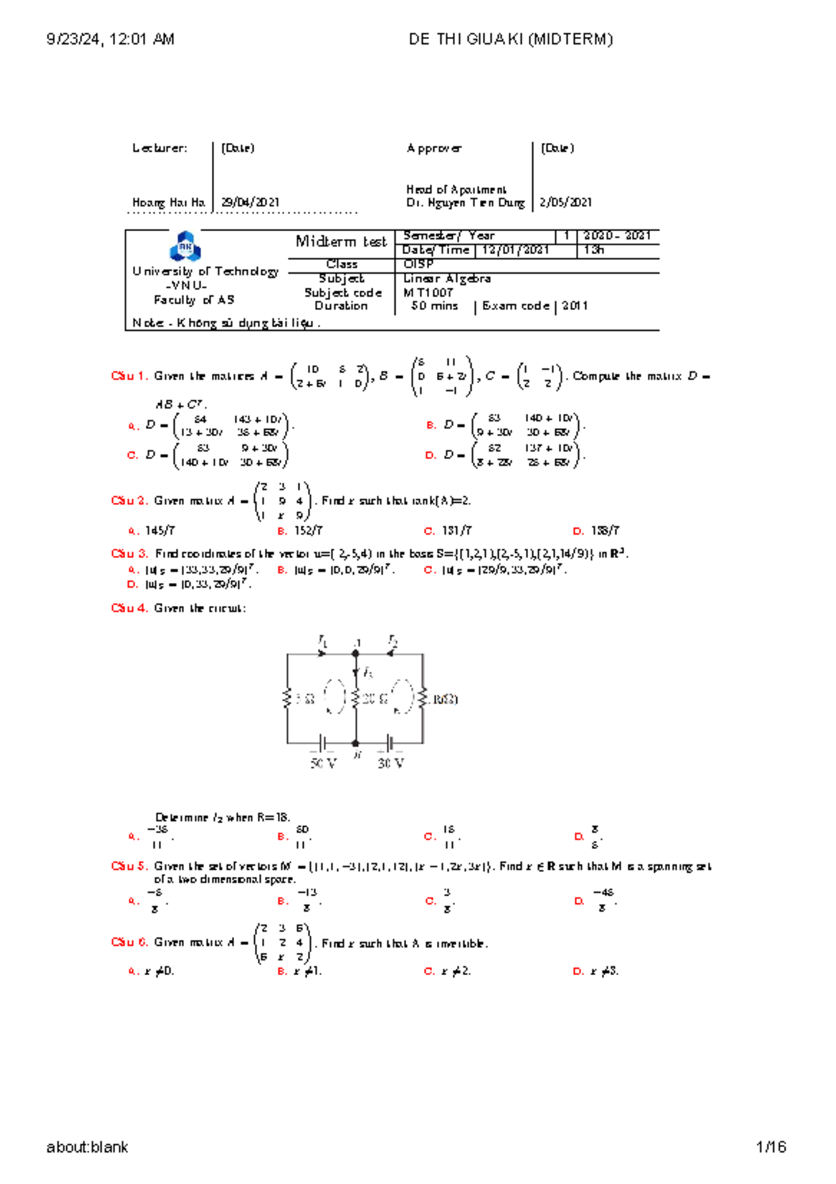 DE THI GIUA KI MT Linear Algebra - Final Exam Answers 2020-2021 - Studocu