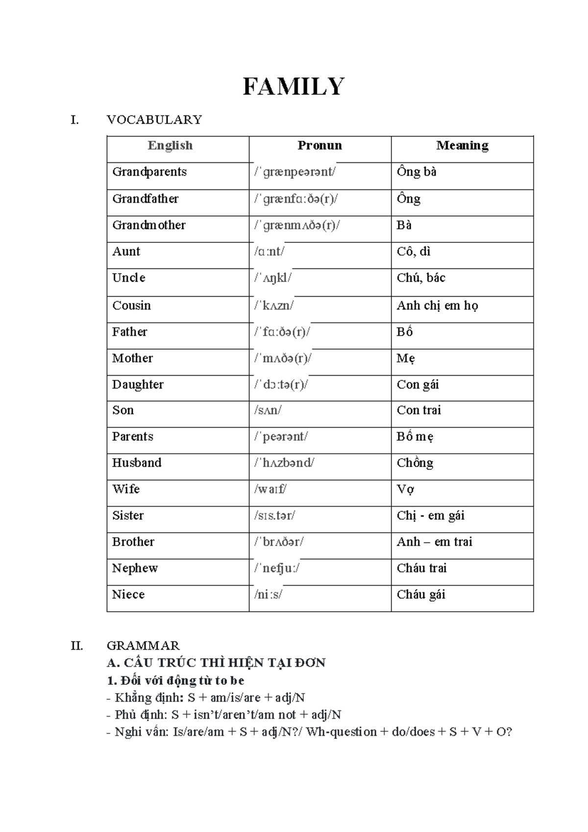 FAMILY Vocabulary & Grammar Structures for English Learning - Studocu