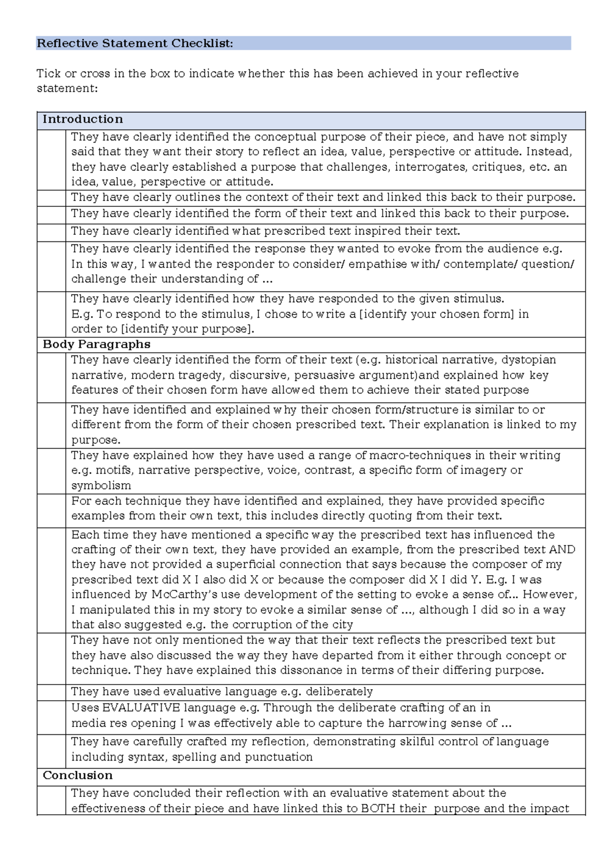 Reflective Statement Checklist for Effective Text Analysis - Studocu