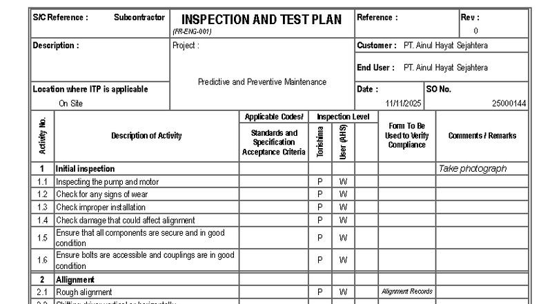 Inspection Test Plan (ITP) for Pump Alignment - Rev 0 - Studocu